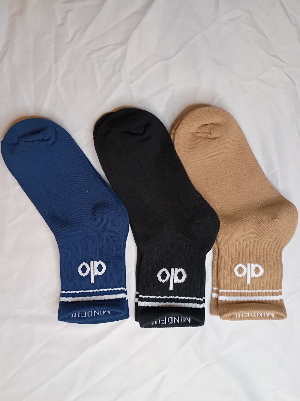 Alo Yoga Throwback Half Crew Socks 3 Pair Set Navy Blue Black And Tan